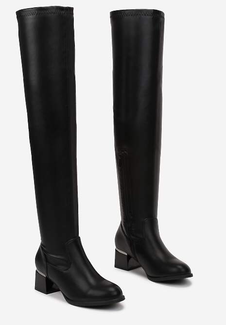 Czarne Kozaki za Kolano na Słupku z Metaliczną Wstawką Ramina