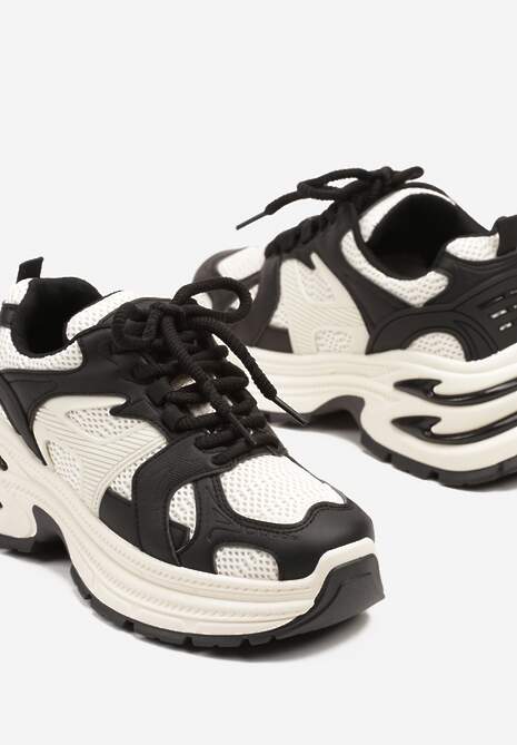 Czarno-Beżowe Sneakersy na Platformie z Tłoczeniem i Geometrycznym Wzorem Melvila