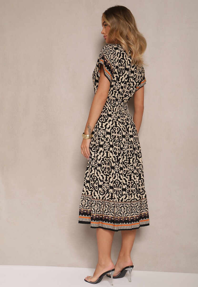 Czarna Sukienka z Bawełny z Gumką w Pasie i Ozdobnymi Guzikami Natifarela