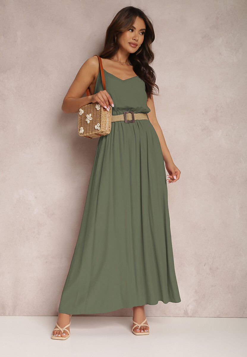 Ciemnozielona Sukienka z Paskiem Auxonia