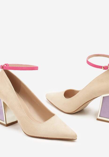 Beżowe Czółenka na Słupku Ozdobione Paskiem i Metaliczną Aplikacją Lannethe