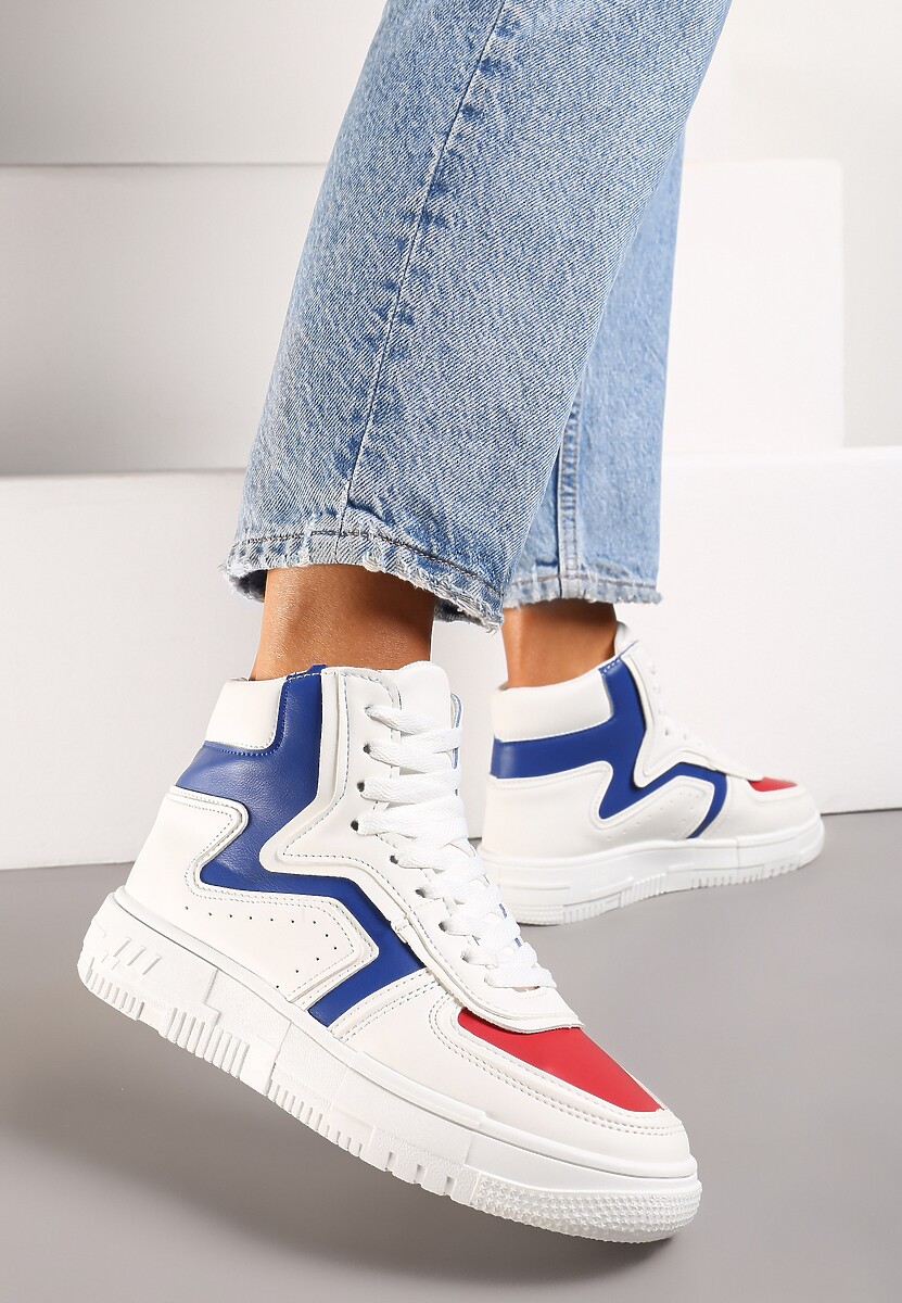 Biało-Niebieskie Sneakersy Sznurowane za Kostkę na Płaskiej Podeszwie Ascaride