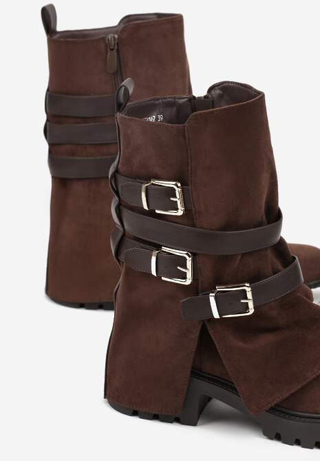 Brązowe Botki Bikery Ozdobione Klamrami i Wywiniętą Cholewką Seride
