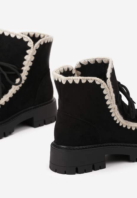 Czarne Botki z Ekozamszu z Dodatkowym Kompletem Sznurówek Zdobione Haftem Noledi