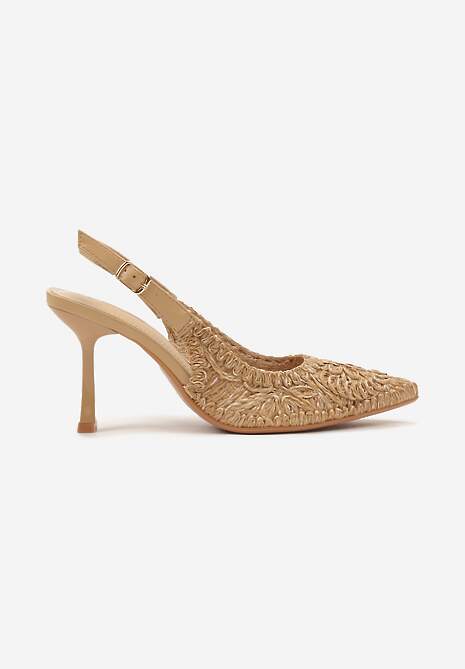 Ciemnobeżowe Sandały na Szpilce Zapinane na Sprzączkę przy Kostce z Plecionką Mirava