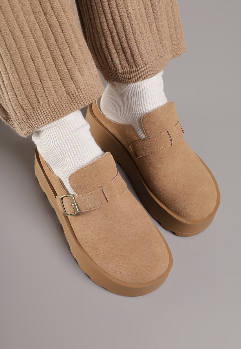 Beżowe Śniegowce na Grubej Podeszwie z Niską Cholewką i Ozdobną Klamerką Vetibela