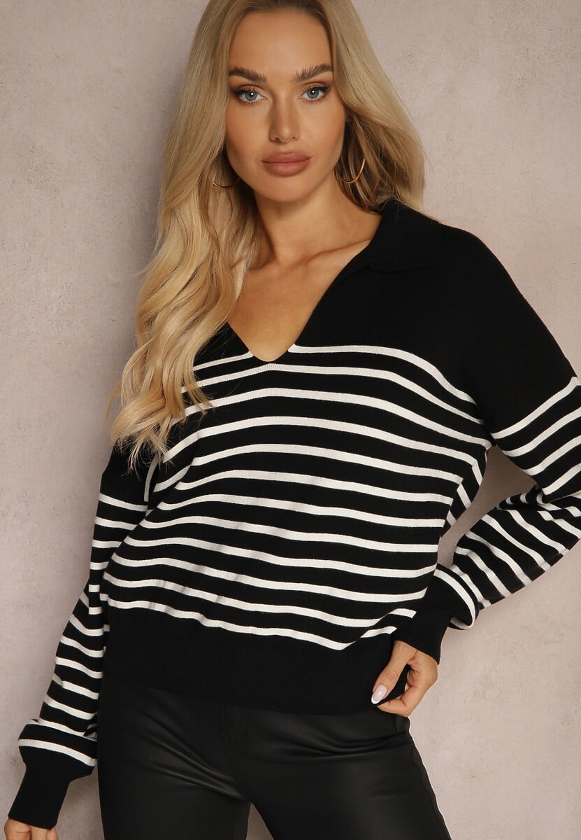 Czarny Sweter w Paski Ozdobiony Kołnierzykiem i Wycięciem Irinalies