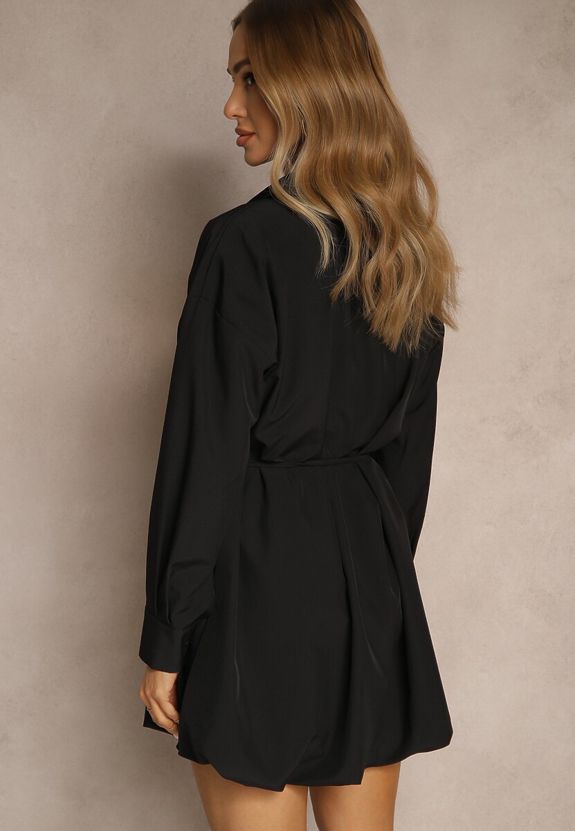 Czarna Sukienka Koszulowa Typu Bombka Ozdobiona Paskiem Lavirivae