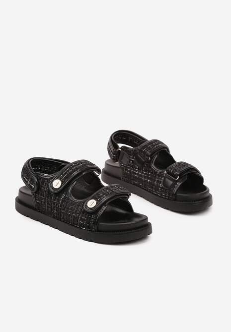 Czarne Sandały z Metalicznymi Guzikami i Tweedową Cholewką Oliandra