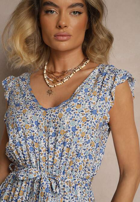 Niebieska Rozkloszowana Sukienka z Wiskozy z Wiązanym Paskiem Sepelise