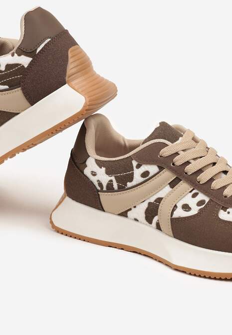 Brązowo-Białe Sneakersy z Geometrycznym Wzorem i Printem w Łaty Velwettia
