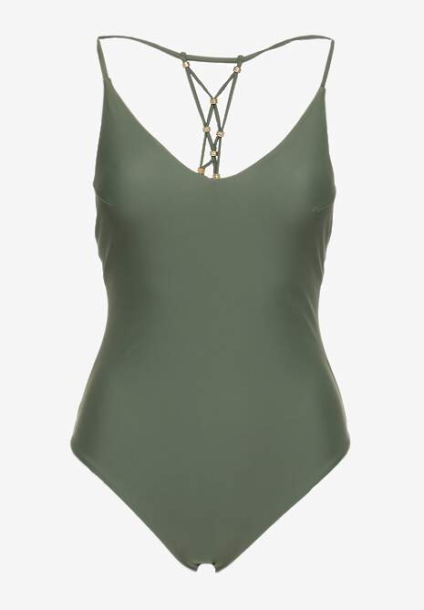 Ciemnozielony Jednoczęściowy Strój Kąpielowy z Ozdobnym Wiązaniem na Plecach Bosiara