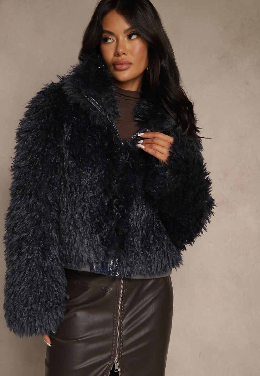 Granatowa Puszysta Kurtka Futerko Cropped z Wysokim Kołnierzem Lanarea