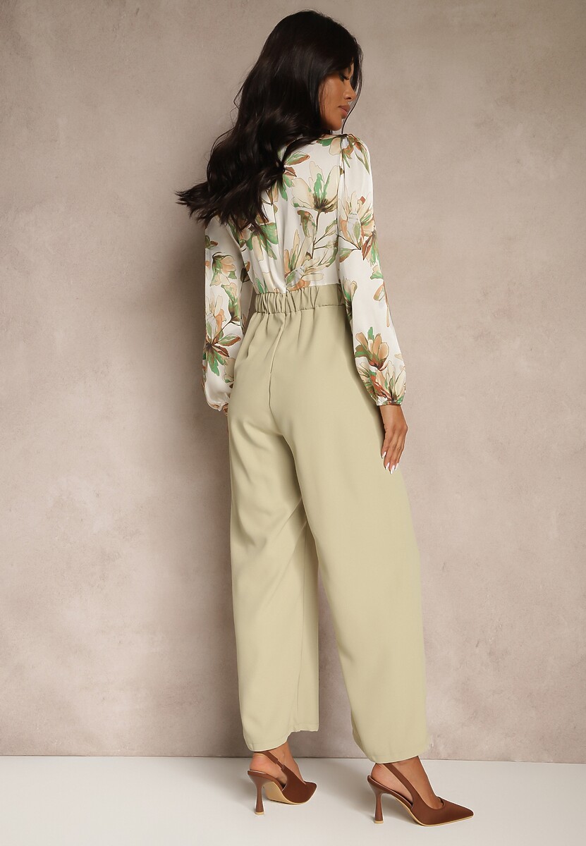 Jasnozielony Kwiatowy Kombinezon z Kopertowym Dekoltem z Paskiem i Szerokimi Nogawkami Vinia