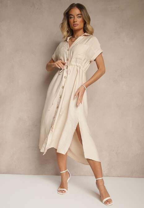 Beżowa Wiskozowa Sukienka Koszulowa z Guzikami i Wiązaniem w Talii Velazia