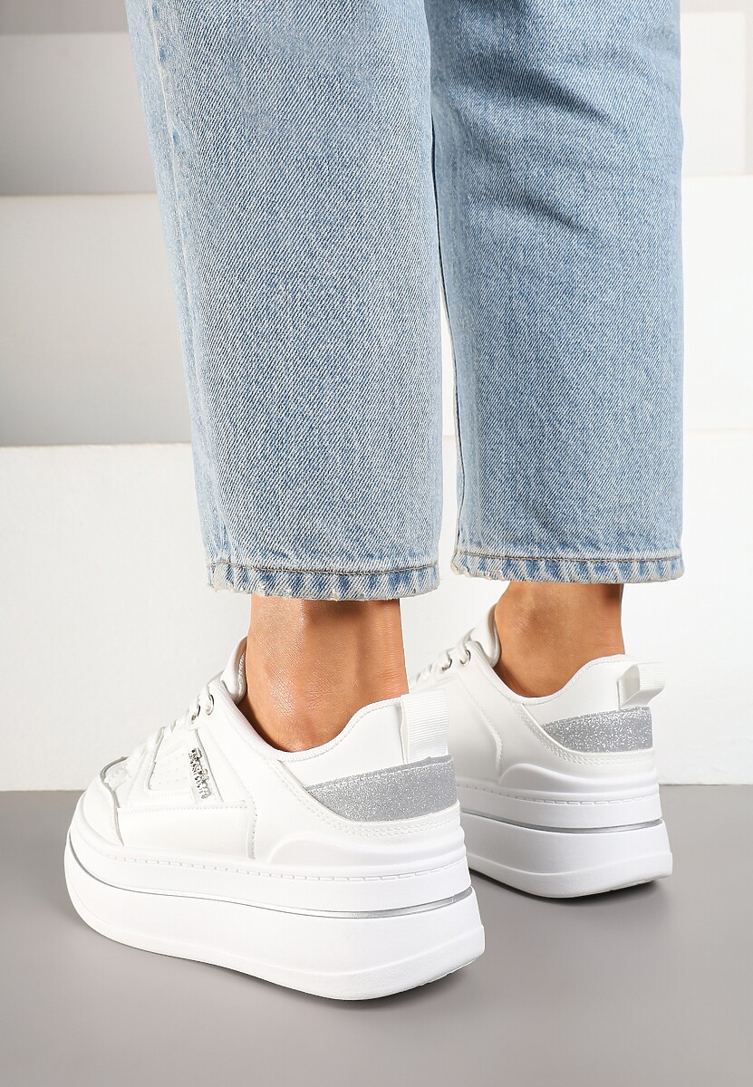 Białe Sneakersy z Brokatem na Platformie Larinea