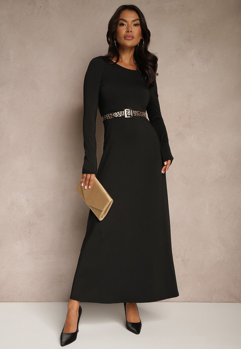 Czarna Sukienka z Wiskozą o Rozkloszowanym Kroju z Wycięciem na Plecach Isollina