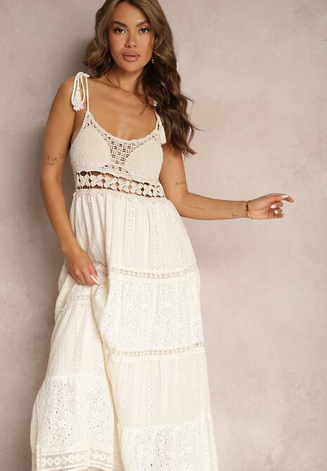 Beżowa Szydełkowa Sukienka Maxi z Ozdobnym Haftem i Falbanką Eshade