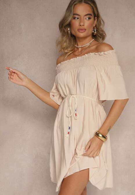 Beżowa Sukienka Hiszpanka z Bawełną i Wiskozą Ozdobiona Sznurkiem Lilarelle