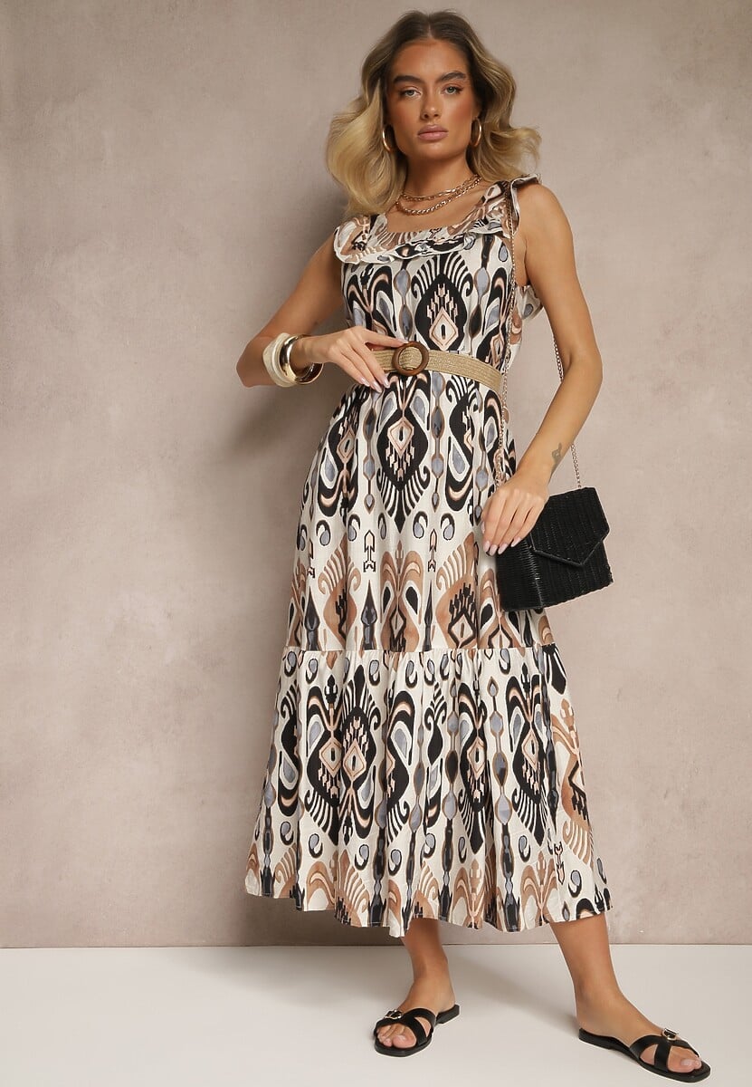 Czarna Sukienka Rozkloszowana Wiskozowa Wiązana na Plecach we Wzór Boho Turieza