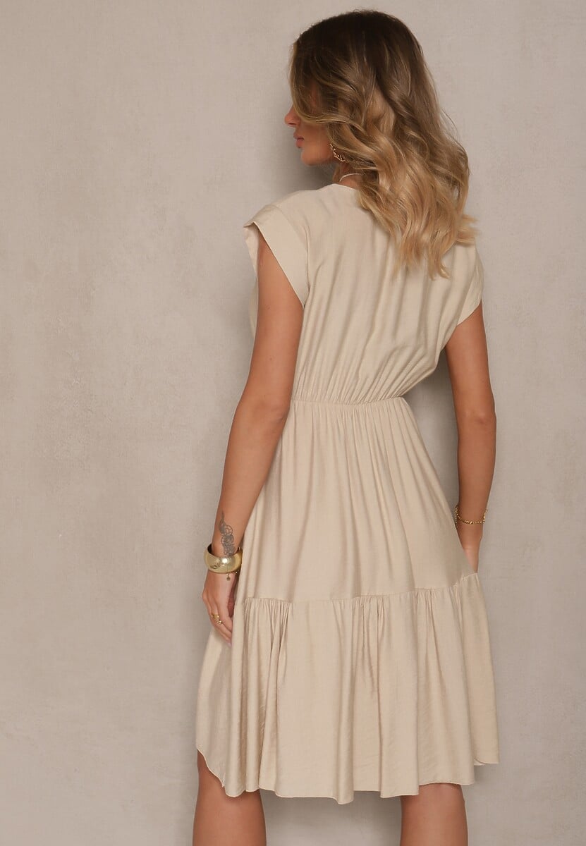 Beżowa Rozkloszowana Sukienka z Wiskozy Linurea