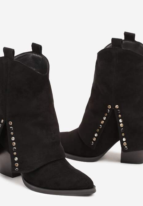 Czarne Botki na Stożkowym Obcasie z Wywiniętą Cholewką i Cyrkoniami Movene