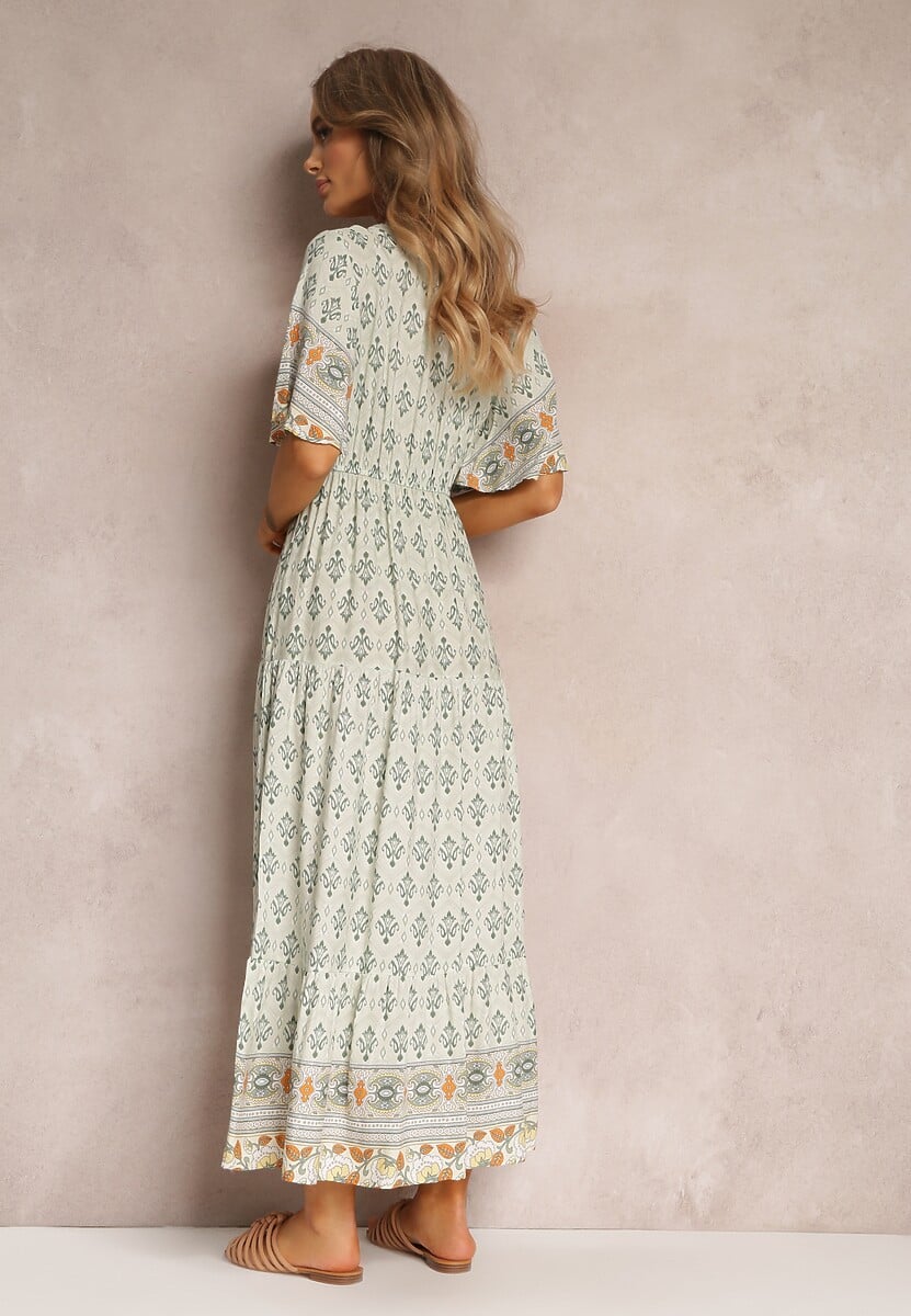 Miętowa Sukienka Maxi z Krótkim Rękawem i Gumką w Talii Emaya