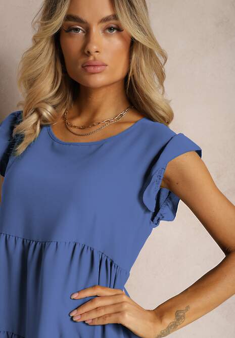 Niebieska Sukienka z Krótkim Rękawem i Ozdobnymi Falbankami o Rozkloszowanym Kroju Vetesa