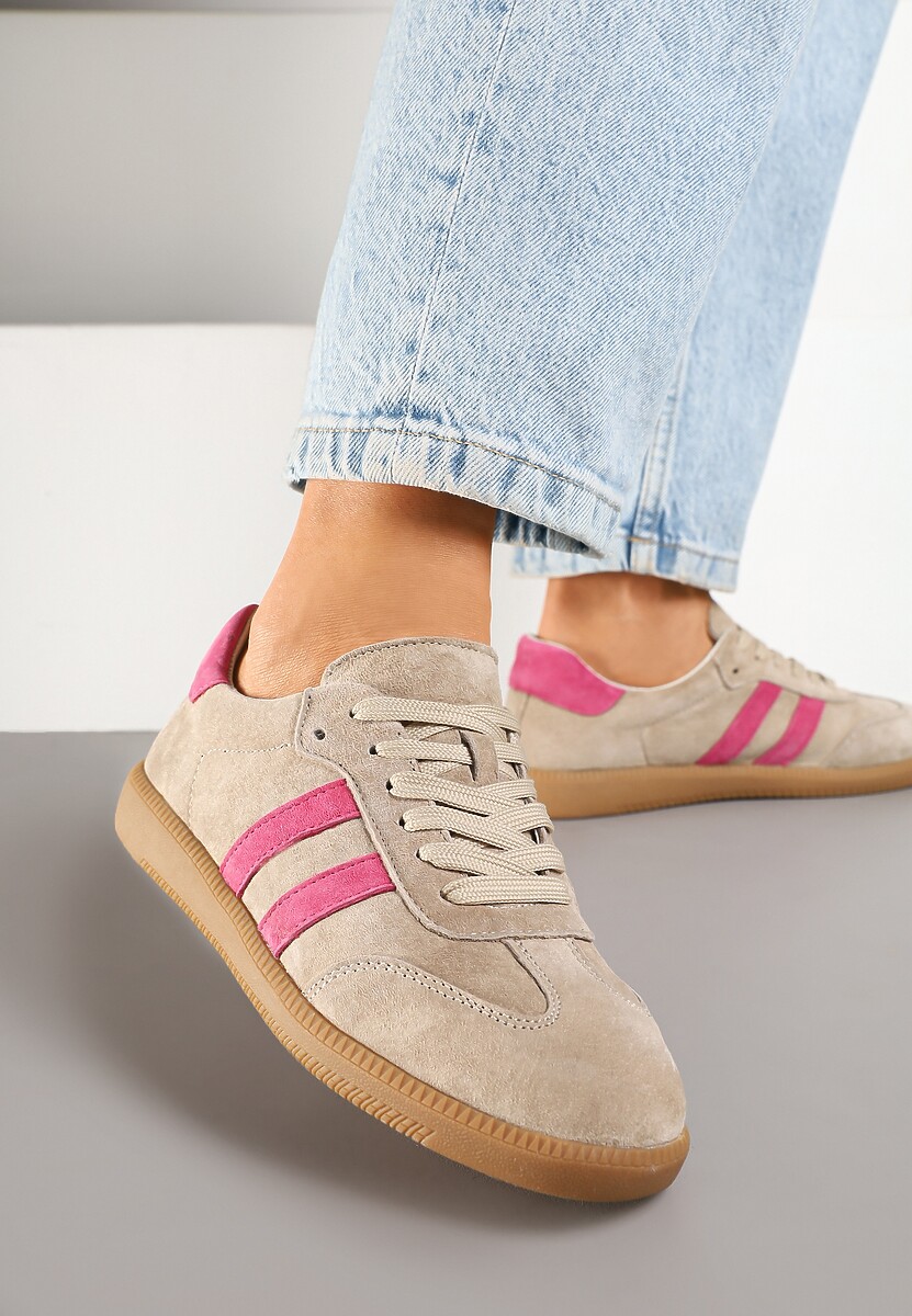 Beżowo-Różowe Płaskie Sneakersy z Wkładką ze Skóry Naturalnej Ozdobione Paskami Neladria