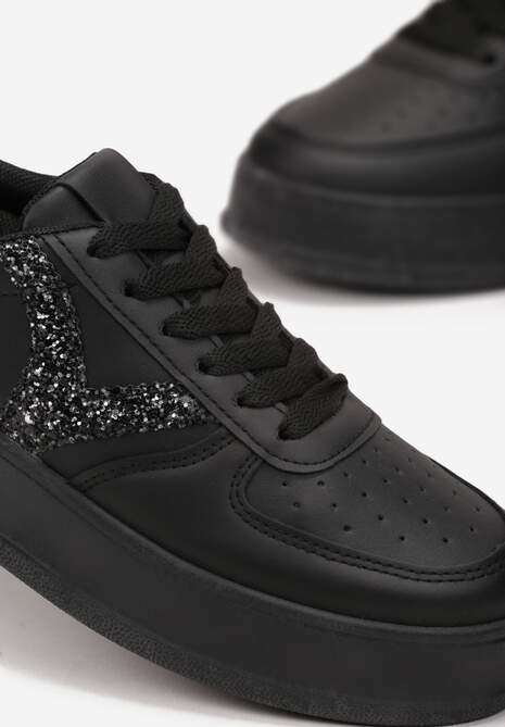Czarne Sneakersy na Grubej Podeszwie przed Kostkę z Brokatowymi Wstawkami Dyla