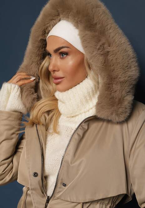Beżowa Kurtka Płaszcz ze Ściągaczem i Kapturem z Ozdobnym Futerkiem Livieya
