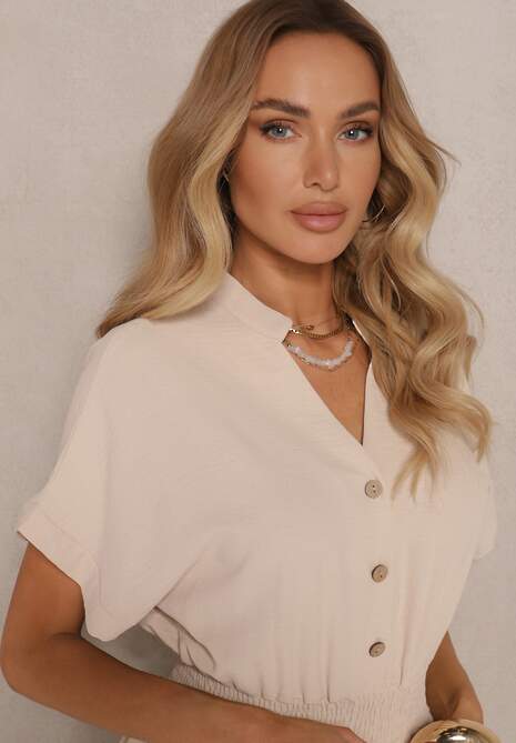 Beżowy Wiskozowy Kombinezon z Dekoltem w Serek Zapinany na Guziki Anisora