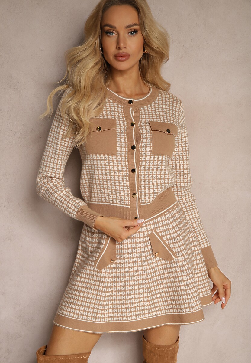 Czarno-Biały Komplet z Dzianiny Rozkloszowana Spódniczka i Rozpinany Kardigan Zemida