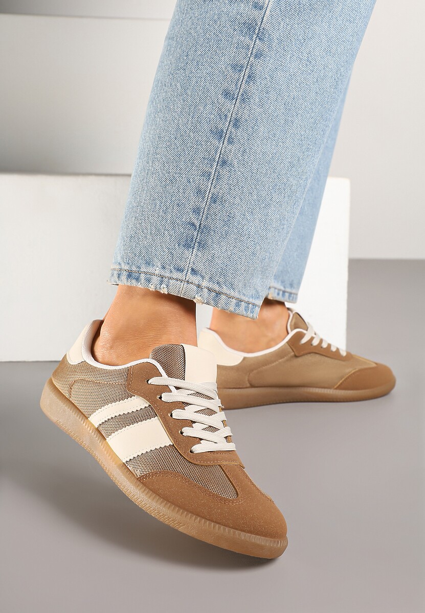 Ciemnobeżowe Sneakersy w Stylu Tenisówek Ozdobione Paskami Jenaniela