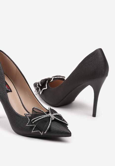 Czarne Szpilki z Brokatowym Połyskiem i Szpiczastym Noskiem Zdobionym Kokardą Itteleina