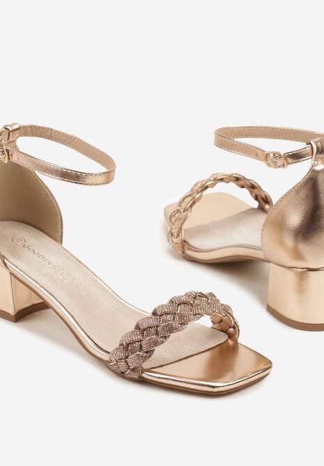 Szampańskie Sandały na Słupku z Wkładką ze Skóry Naturalnej Ozdobione Cyrkoniami Vevelessa