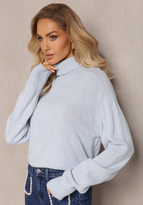 Jasnoniebieski Luźny Golf o Klasycznym Fasonie z Prążkami na Ściągaczach Basum