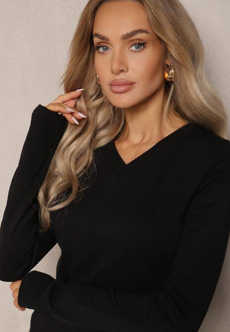 Czarny Casualowy Sweter z Dekoltem w Serek Amitta