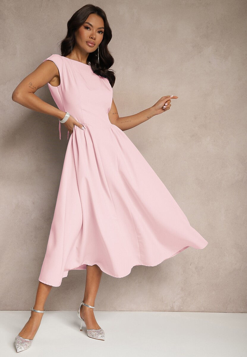 Różowa Rozkloszowana Sukienka z Wiązaniem i Dekoltem w Kształcie Łódki Alanira