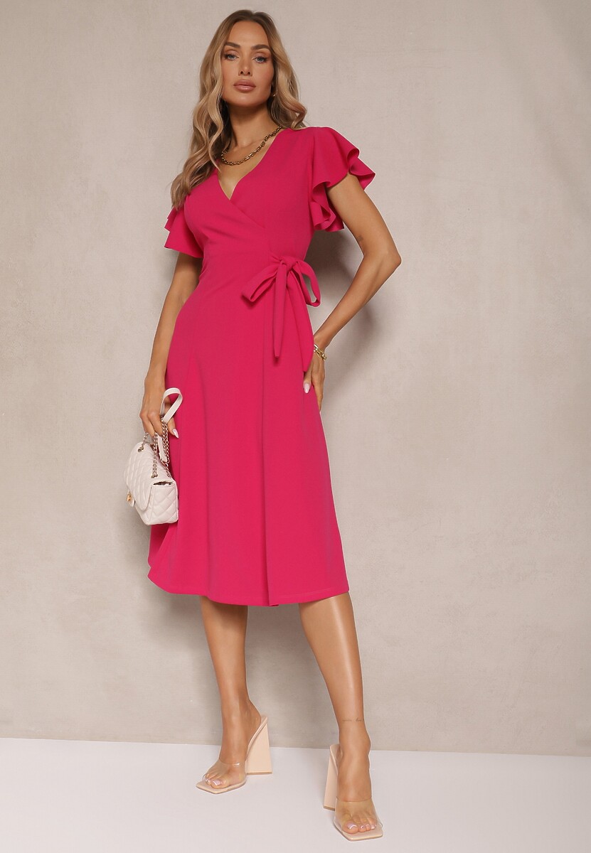 Fuksjowa Kopertowa Sukienka z Rozkloszowanym Dołem i Ozdobnym Wiązaniem Dannola