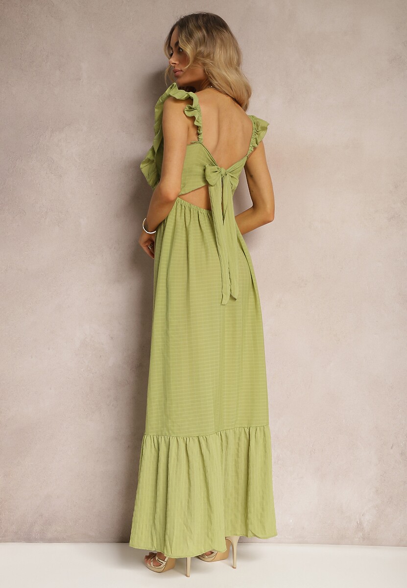Zielona Sukienka z Wiązaniem na Plecach na Ramiączkach z Falbankami i Gumką w Pasie Rollas