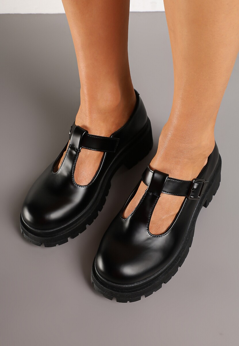 Czarne Płaskie Półbuty z Paskami na Sprzączkę Elosie