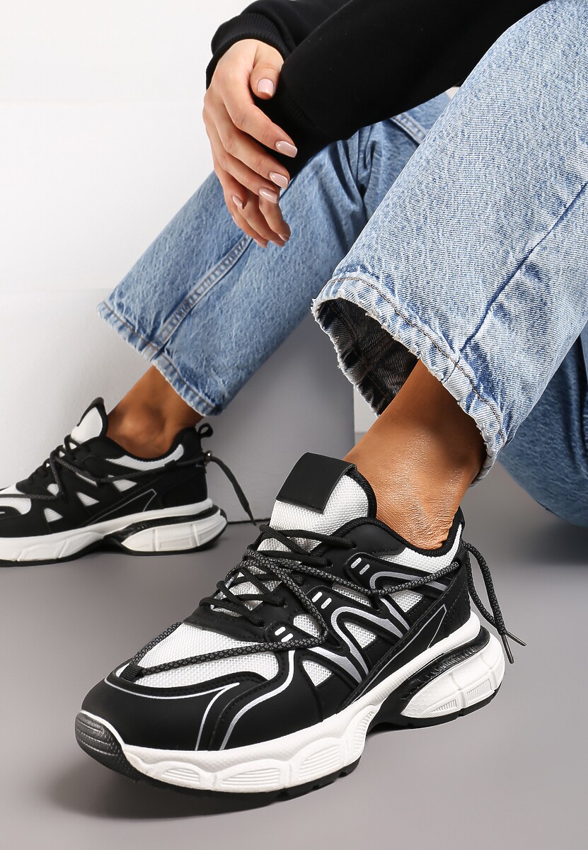 Czarne Sneakersy z Ozdobnym Sznurkiem i Wstawkami Nivolea