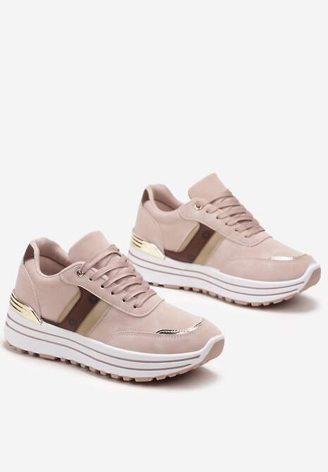 Ciemnobeżowe Sneakersy z Dekoracyjnymi Wstawkami na Platformie w Paski Letorra