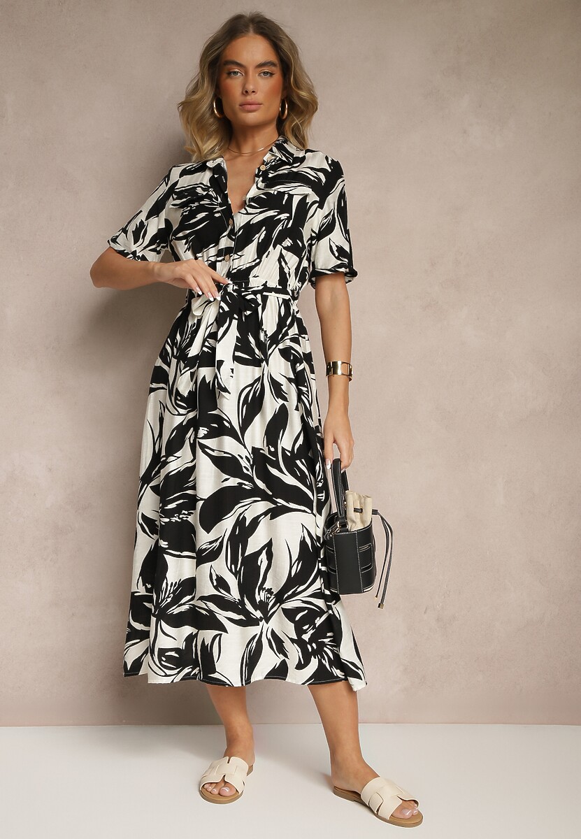 Czarno-Biała Koszulowa Sukienka z Wiskozy z Wiązanym Paskiem Ullosaria