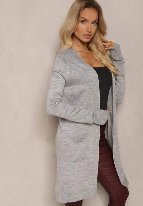Szary Kardigan Bez Zapięć o Prostym Kroju ze Wsuwanymi Kieszonkami Torinia