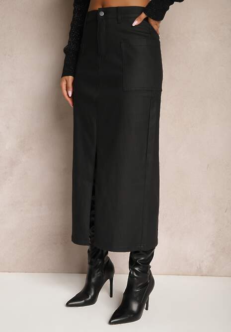 Czarna Spódnica Zapinana na Zamek z Kieszeniami i Guzikiem o Dopasowanym Fasonie Bahar