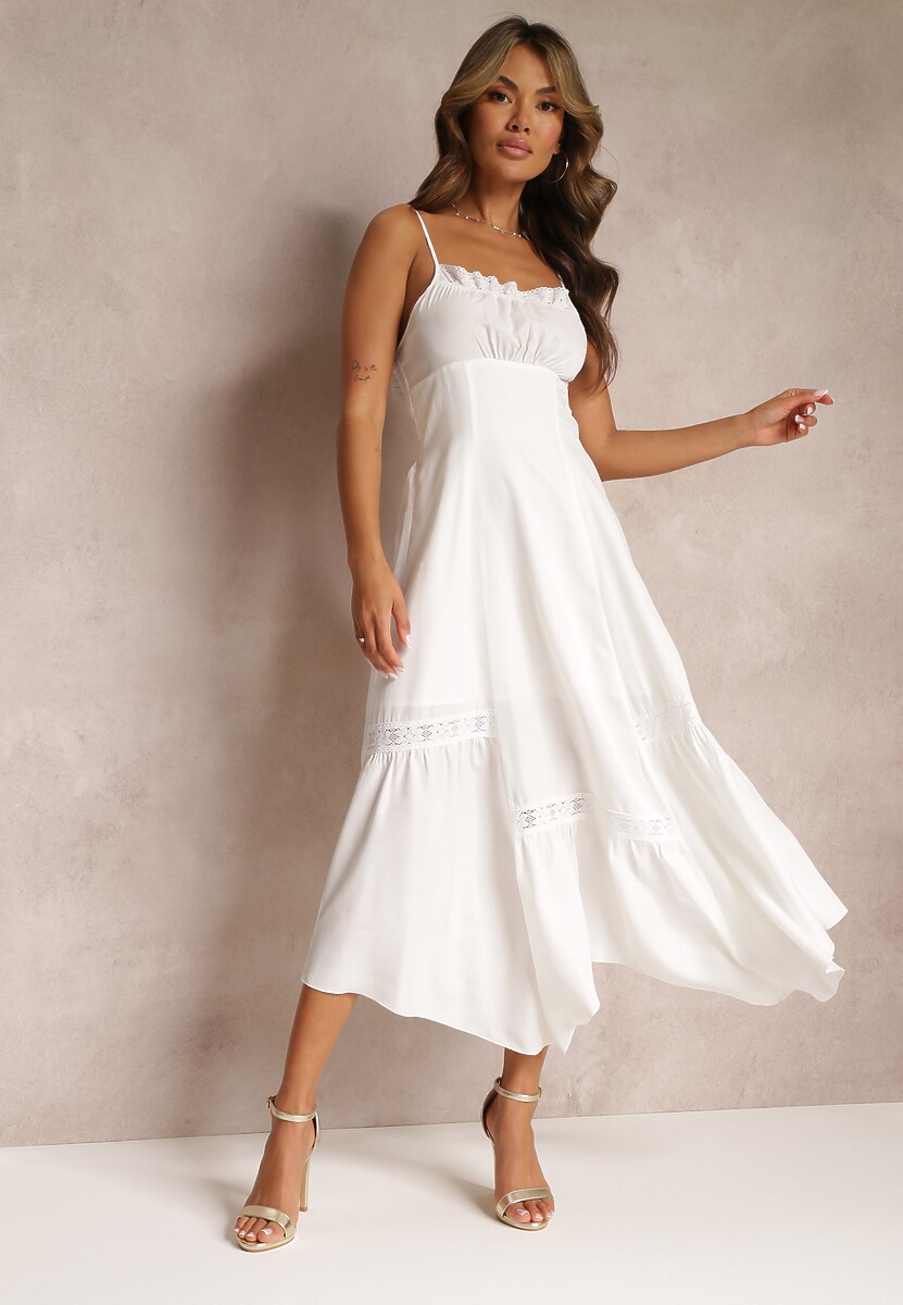 Beżowa Rozkloszowana Sukienka Maxi z Asymetrycznym Dołem Chelsene