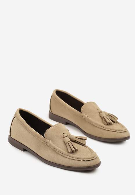 Ciemnobeżowe Mokasyny z Imitacji Zamszu z Aplikacją z Frędzlami Nalonissa