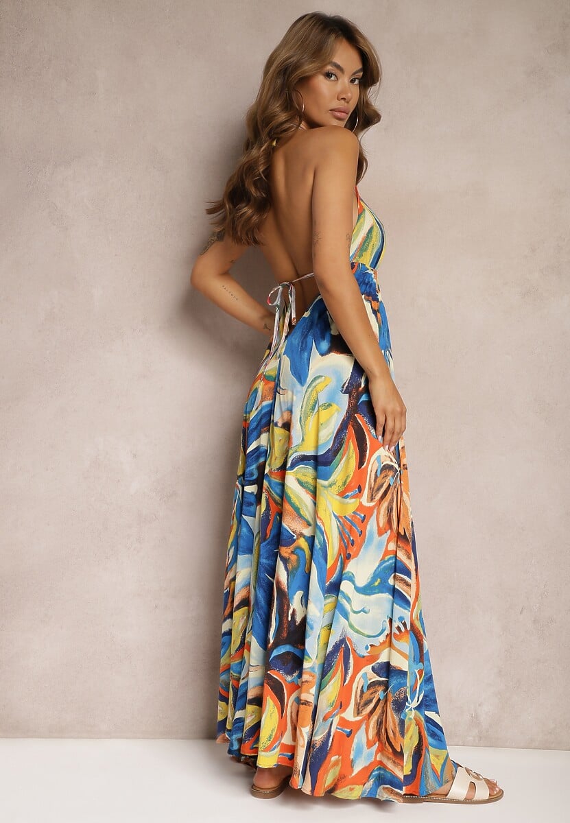 Niebiesko-Żółta Wiskozowa Sukienka Wiązana na Plecach i Szyi z Odcięciem pod Biustem Peridia